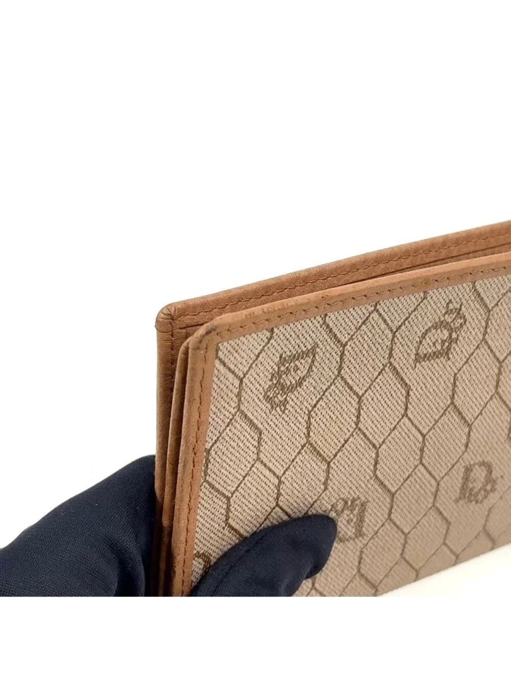 Dior Honeycomb Pattern Billfold Leather Beige Light Brown Wallet